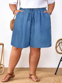 SHEIN CURVE+ Plus Size Women's Black Drawstring Waist Pockets Casual Country Linen Summer Shorts, Spring Vacation Summer/Country/Beach