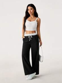SHEIN PETITE Women Casual Versatile Contrast Color Drawstring Waist Pants