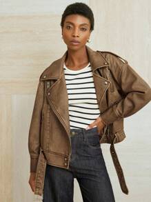 Aveloria Modichic Chaqueta de motociclista de mujer de piel sintética con cremallera metálica desgastada de moda