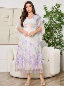 SHEIN Clasi 1 件大码女式夏季优雅花卉印花 V 领花瓣袖褶饰腰部超长连衣裙，度假风格，大码女式长礼服 - 彩色 - 查看 5