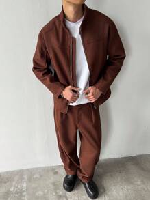 Manfinity Homme Áo khoác nam tay dài phong cách Hàn Quốc, kiểu dáng trưởng thành, chất liệu len trơn màu sáng, cổ cao nhỏ, khóa kéo bụng, thiết kế đường nối nhiều cấu trúc, phù hợp mặc hàng ngày, làm quà tặng cho bạn trai bạn bè - màu nâu - Xem 1