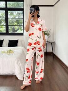 SHEIN 花卉印花翻领短袖睡衣套装 - 彩色 - 查看 6