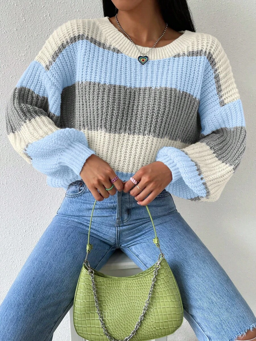 Chiquease 秋冬休闲拼色条纹灯笼袖针织毛衣针织套头衫秋季 - 彩色 - 查看 1