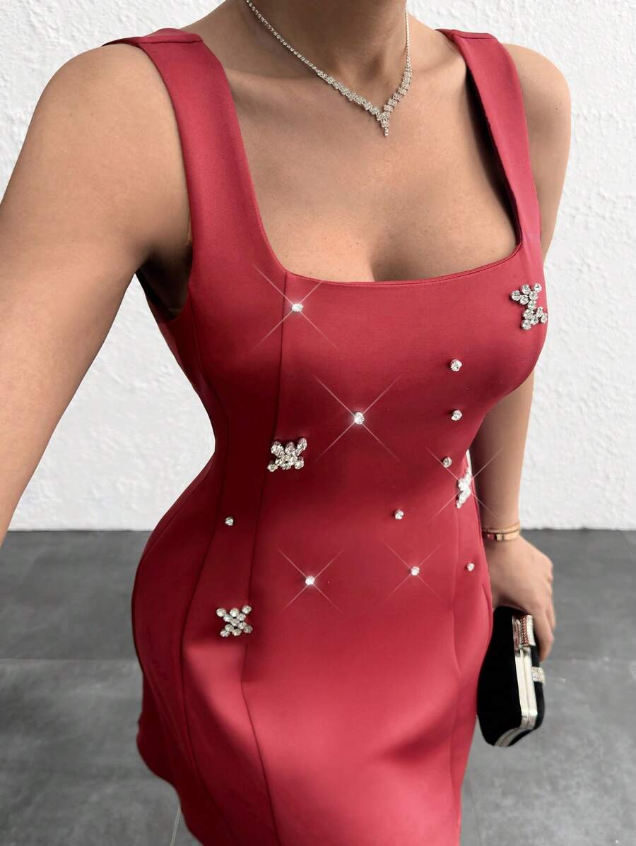 EURMUSE A-Line Shaped Rhinestone Embellishment Princess Line Detailed Mini Elegant Dress, Party Dress - Burgundy - View 1