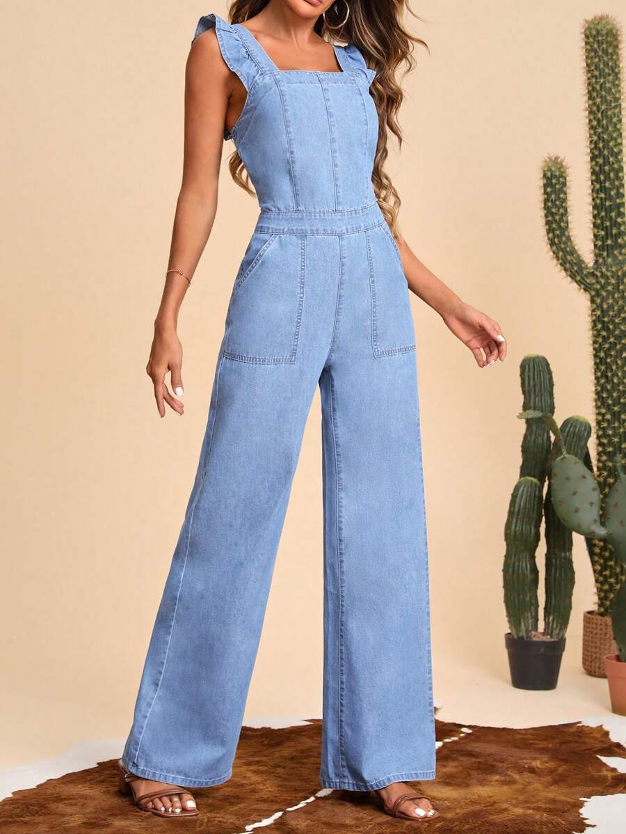 Selenza Ruffle Trim Wide Leg Denim Jumpsuit - Light Wash - View 1