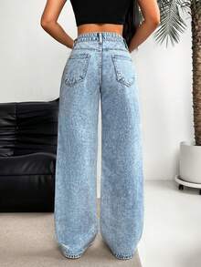 SHEIN EZwear 大码休闲水洗做旧直筒牛仔裤 - 藍色 - 查看 4