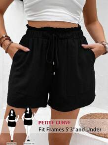 SHEIN PETITE 女士休闲纯色纹理侧袋宽松短裤