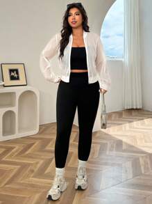 SHEIN EZwear 大码女式纯色长袖拉链领飞行员夹克秋冬女装 - 白色 - 查看 5