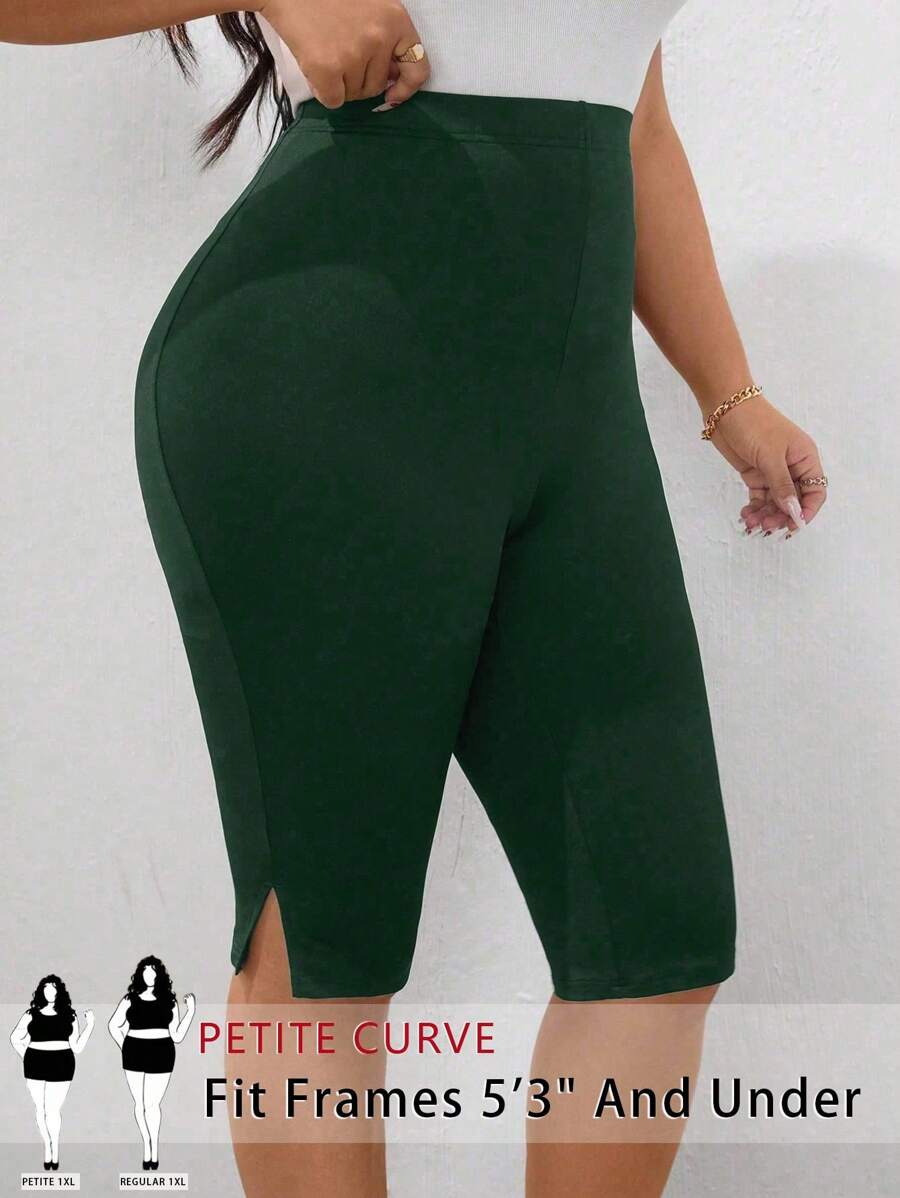 SHEIN PETITE Plus Size Solid Color Split Hem Leggings - Dark Green - View 1