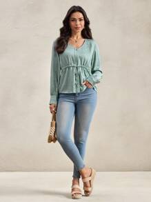 Wildy 秋季休闲通勤绿色鼠尾草绿色长袖收腰衬衫女士乡村音乐会乡村女教师衬衫秋季