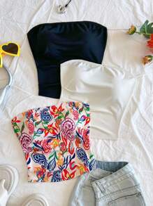 Soleia Conjunto de 3 piezas de top tubo de punto acanalado en color negro y albaricoque, con estampado de paisley colorido, para mujer talla grande, para vacaciones - Multicolor - Ver 6