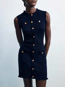 Maija Women's Solid Color Sleeveless Knitted Summer Dress Button Dress Jeans Dress Woman Polo Dress Vest Dress Mini Dress Going Out Tops Airport Outfit Women Business Casual Woman Office Outfits For Women Work Clothes Women Teacher Outfits For Women Teacher Shirts Teacher Outfits Off The Shoulder Fall Sweaters Formal Dresses For Wedding Guest  Sweater Dresses