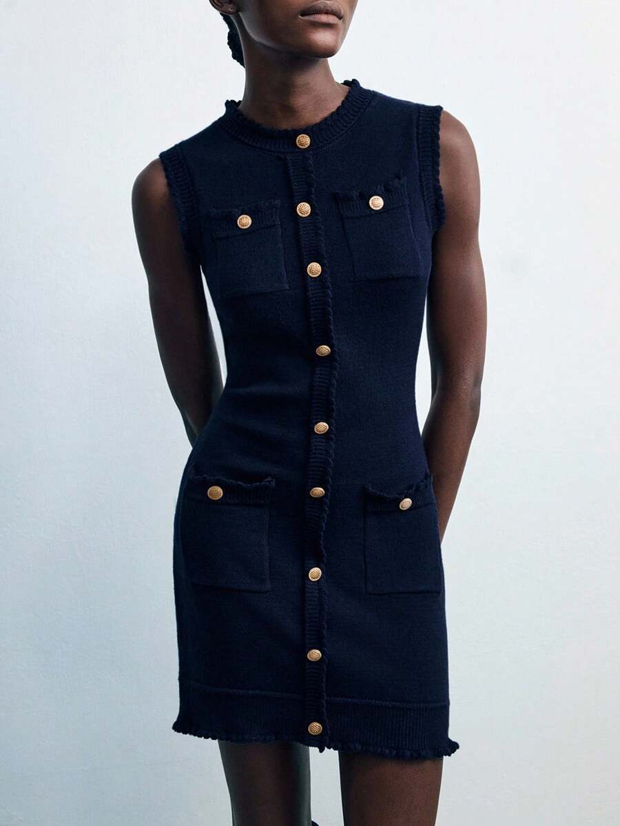 Maija Women's Solid Color Sleeveless Knitted Summer Dress Button Dress Jeans Dress Woman Polo Dress Vest Dress Mini Dress Going Out Tops Airport Outfit Women Business Casual Woman Office Outfits For Women Work Clothes Women Teacher Outfits For Women Teacher Shirts Teacher Outfits Off The Shoulder Fall Sweaters Formal Dresses For Wedding Guest  Sweater Dresses