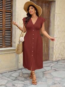 SHEIN Frenchy 大码优雅V领双层盖袖度假连衣裙 - 棕色 - 查看 6