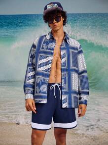 Surfspeed Men Patchwork Print Shirt & Shorts Beach Outfit Set - Black and White - View 1