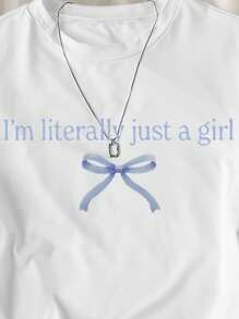 青少年女孩简单休闲英文字母图案短袖短款T恤，适合夏季 - 白色 - 查看 6