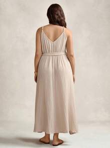 Zelara Plus Size Women's Apricot Textured Fabric Side Split Long Dress Comfortable Cotton Navycore Outfits - Apricot - View 3