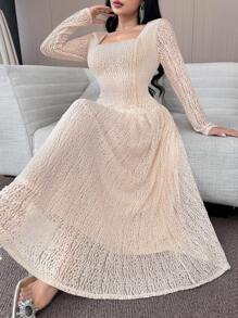Feyla 女款優雅浪漫杏色亮片方領長袖蕾絲洋裝，秋季中長版婚禮賓客約會度假新娘母親派對禮服 - 杏色 - 查看 4