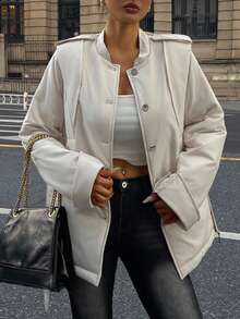 DAZY 女士白色精致优雅束腰中长款厚棉袄，成熟淑女风冬季外套 - 白色 - 查看 7