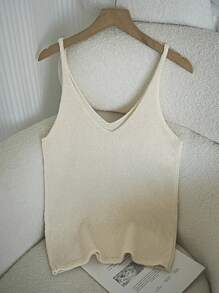 Franclia Women's V-Neck Camisole Casual Loose Solid Color Knit Sweater Top, Summer - Apricot - View 2