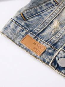 SHEIN Baby Boy Distressed Denim Jacket Light Blue,Autumn,Street Life Casual Graphic Street Fashion,Back-To-School Vintage Urban Loose Fit Ripped Jacket - Medium Wash - View 3