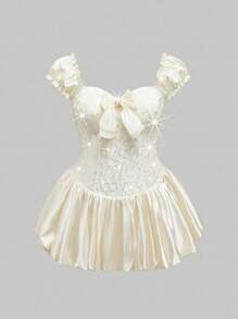 ROMWE ROMWE EDITION Abito in stile vintage reale kawaii con perline e tessuto in pizzo, senza schienale, con texture in raso e linea ad A, adatto come abito da sposa per taglie forti