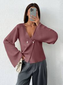 SHEIN Tall Áo khoác cardigan nữ cổ chữ V màu trơn cao, cài nút phía trước, thả vai - Bụi hồng - Xem 5