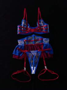 SHEIN 5pcs Women Sexy Lingerie Set: Embroidered Underwire Bra, Embroidered Corset With Garter Belt, Puff Skirt, Leg Rings, Thong - Multicolor - View 2