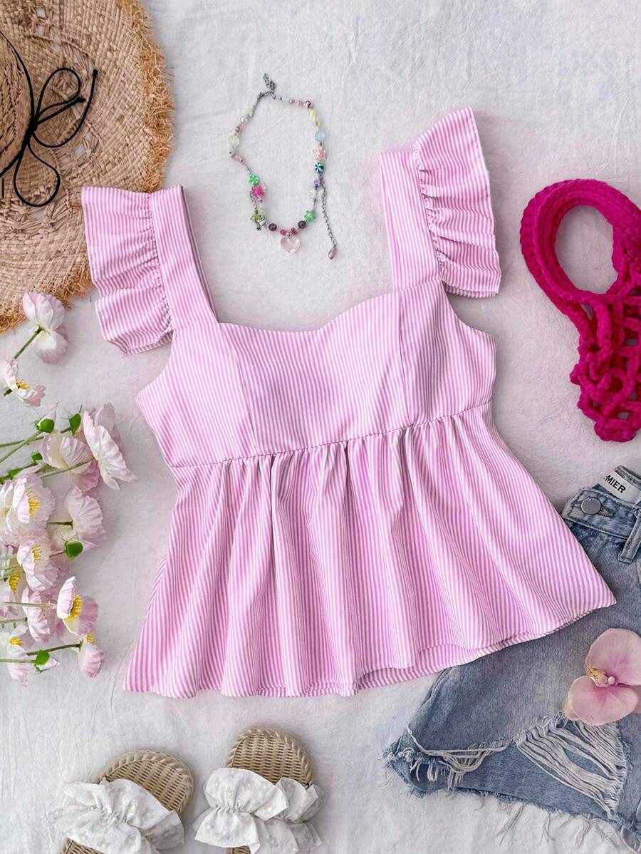 SHEIN Cute Pink Striped Peplum Blouse With Flounce Sleeves And Square Neckline For Teen Girls Pink Babydoll Top Babydoll Top Girls Babydoll Top Summer Babydoll Top Ruffle Sleeve Babydoll Top - Pink - View 1