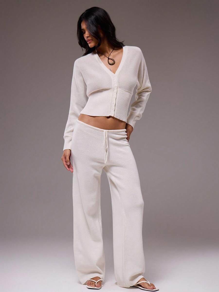 MUSERA Spodnie z niskim stanem, ściągaczem w pasie i szerokimi nogawkami, dzianinowe, codzienne, jesień, zima, na co dzień, do pracy, eleganckie, na wiosnę - Biały - Zobacz 1