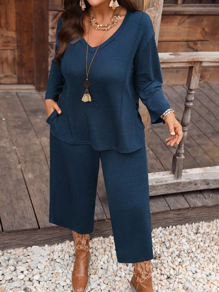 Plus Size Vacation Casual Solid Dark Blue Color Long Sleeve & Pants 2 Pieces Set, Summer Outfits For Women,Vacation Outfits For Women,Holiday Outfits Boho,Autumn,Fall Women's Clothes,Fall Clothes,Country Concert Outfit,Old Money Style Women,Country Outfits Women