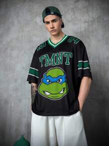 TEENAGE MUTANT NINJA TURTLES | SHEIN Men's Casual Contrast Cartoon Turtle Print V-Neck Mesh Short Sleeve T-Shirt, Summer - Black - View 4