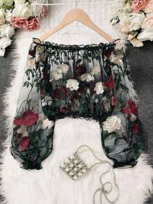 SHEIN LUNE 女装时尚透明网眼钩针刺绣碎花露肩灯笼袖短款上衣 - 黑色 - 查看 2