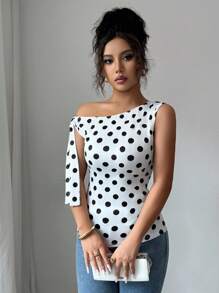 SHEIN LUNE 时尚不对称领口系带无袖波尔卡圆点印花修身 T 恤，时尚优雅设计，夏季 - 彩色 - 查看 6