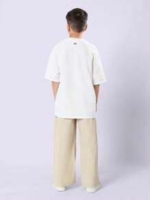 SUMWON 优质套穿阔腿斜纹棉布裤经典宽松版型舒适休闲裤柔软四季百搭校服风格 - 杏色 - 查看 5