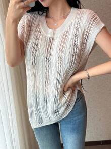 Celisse Spring/Summer Round Neck Asymmetrical Crochet Sleeveless Knitted Cardigan For Women - Apricot - View 3