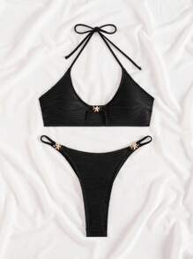 SHEIN Bộ bikini gợi cảm buộc dây màu trơn đi biển mùa hè cho nữ, có trang trí sao biển bằng kim loại - màu đen - Xem 5