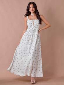 Enchnt Vestido maxi de princesa con estampado floral blanco, volantes y lazos en los tirantes para mujer, romántico de verano - Multicolor - Ver 1