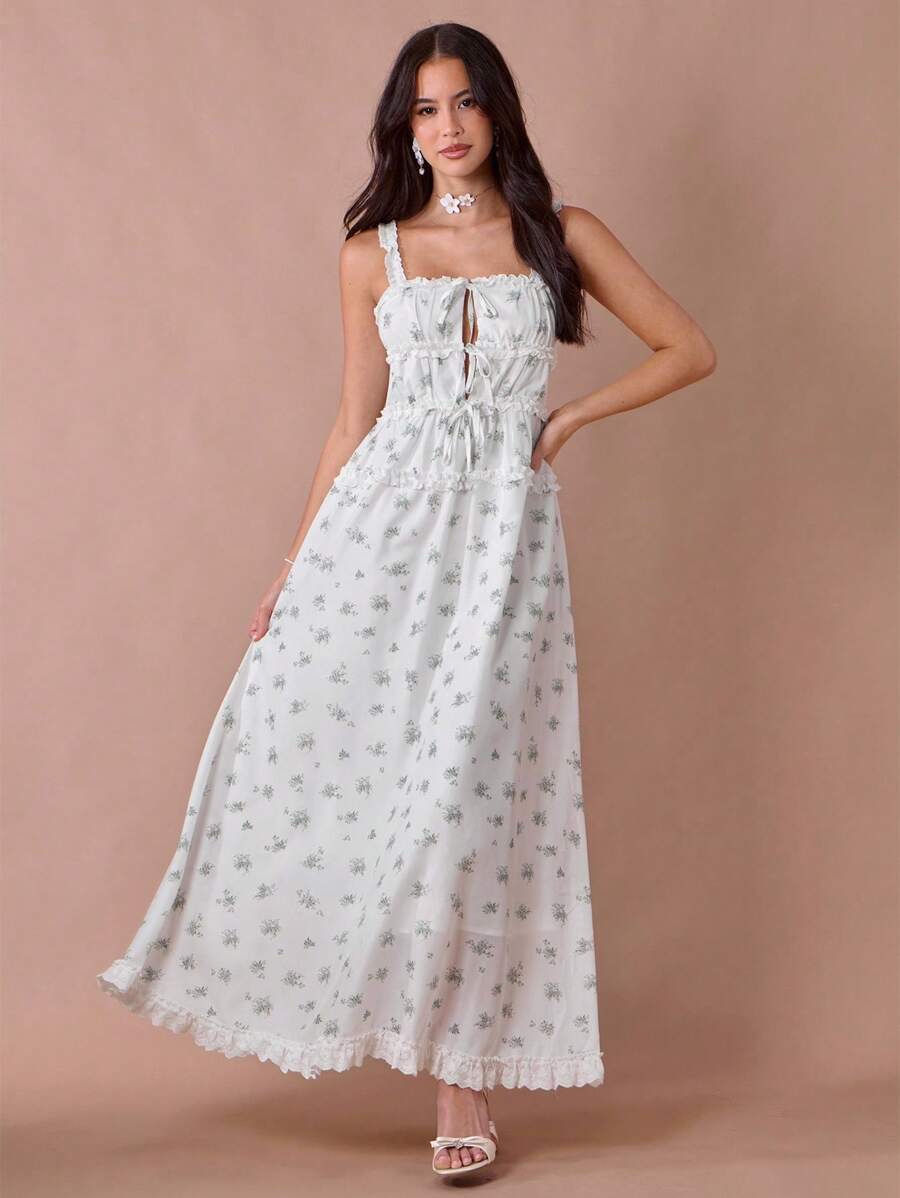 Enchnt Vestido maxi de princesa con estampado floral blanco, volantes y lazos en los tirantes para mujer, romántico de verano - Multicolor - Ver 1