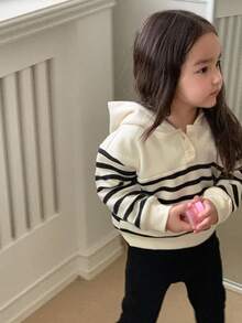 DAZY 女婴条纹长袖纽扣休闲连帽卫衣 - 米色 - 查看 3