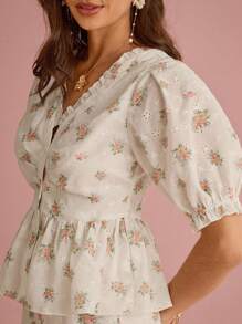 Enchnt 女式优雅碎花镂空刺绣衬衫，夏季 - 彩色 - 查看 5