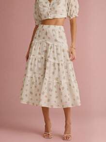 Enchnt Women's White Flower Floral Embroidered&Print Multi-Layered Ruffle Hem Long Skirt,Sweet Boho Summer Holiday Picnic Vacation Party Skirts - Multicolor - View 4