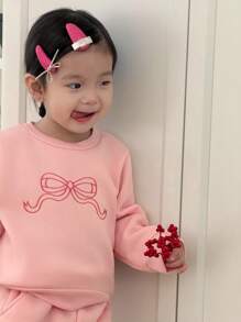 SHEIN Newborn Baby Girl 0-3Y Casual Cute Everyday Versatile Bow Embroidery Long Sleeve Fleece Sweatshirt + Shorts 2 Pieces Set Fall Winter - Pink - View 4