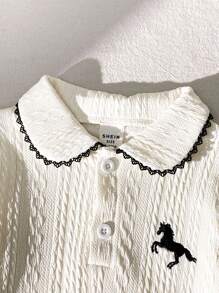 Souflis Souflis 2 件套女婴优雅可爱提花纹理针织长袖 Polo 领开衫上衣和松紧腰百褶裙套装，适合通勤、上学、休闲、度假、运动、家居、6 个月-3 岁、儿童/婴儿服装、返校、所有季节 - 杏色 - 查看 8