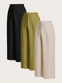 SHEIN Essnce Plus Women's Summer Vacation Business Casual Woman Office New Style Fashion Casual Commuting Vacation Light Breathable Comfortable 3 Pieces Loose Wide-Leg Pants, Seaside Pants - Khaki - View 14