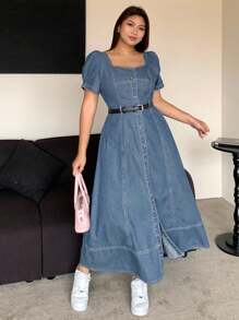 Dazy Plus Đầm maxi denim dáng ôm, cổ vuông, tay phồng, màu xanh đậm, cỡ lớn, thích hợp cho mùa xuân/hè. - Rửa nhẹ - Xem 6