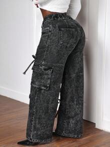 Slaydiva Celana Jeans Wanita Ukuran Plus Longgar Model Boyfriend Sobek dengan Kaki Lebar, Pakaian Musim Gugur untuk Wanita - Hitam - View 2