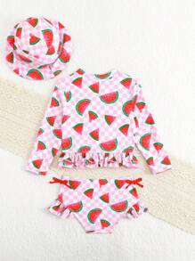 女童西瓜印花两件式泳衣，含泳帽，适合游泳和度假 - 彩色 - 查看 5