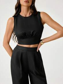SHEIN Tall Bộ đồ ngủ ngắn xếp ly màu trơn và quần short 2 món trang phục thường ngày cho nữ - màu đen - Xem 7