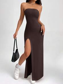 SHEIN PETITE Women Solid Color Strapless Split Thigh Bodycon Dress Brown Strapless Dress High Slit Maxi Dress - Brown - View 3